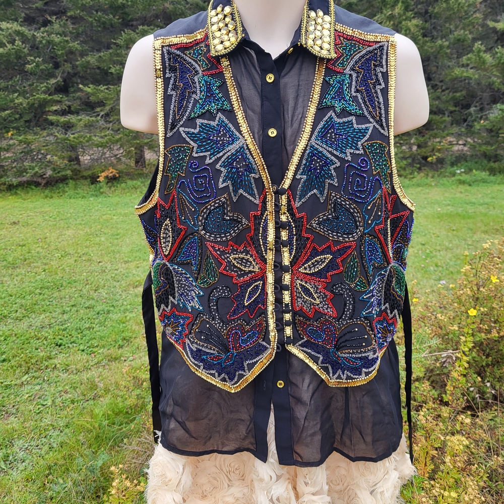 "Beaded Leaves" Vintage Leaf Pattern Vest with Gold Trim Two Piece Set
